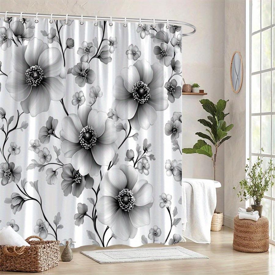 1Pc Black And White Floral Shower Curtain - Features Large Blooms And Delicate Flowers, Polyester Fabric, Machine Washable