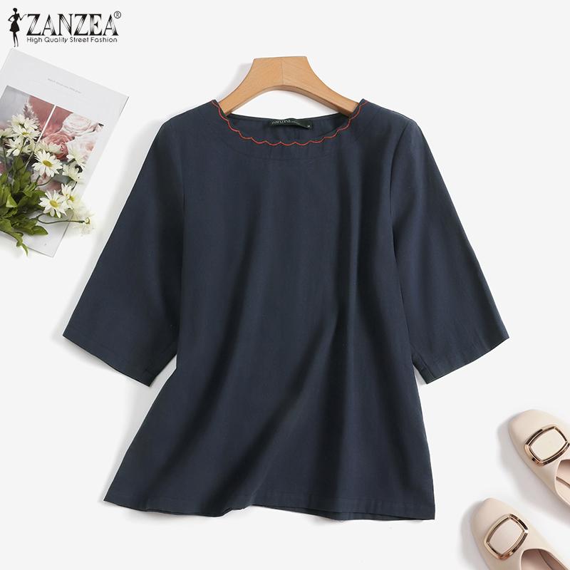 

ZANZEA Женская повседневная летняя хлопковая блузка с круглым вырезом и рукавами 3/4