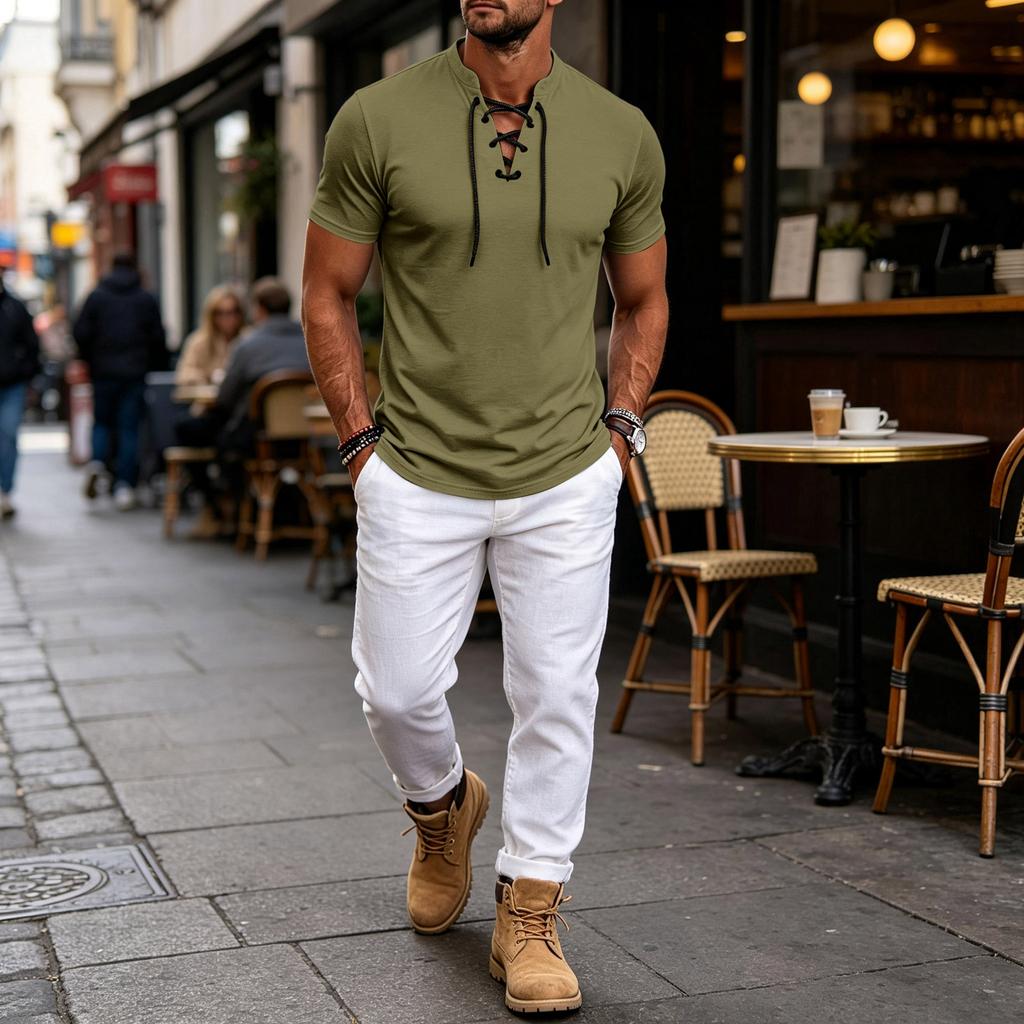Camiseta Retro de Manga Corta para Hombre con Cordones en la Parte Delantera