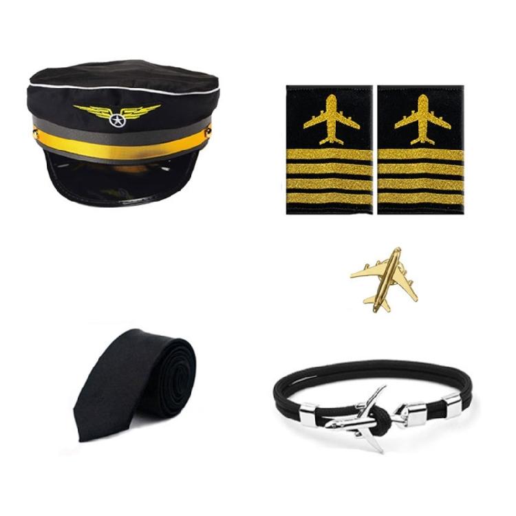 Flight Attendant Costume Captain Outfits Captain Hat Uniform Epaulets Neck Tie Gloves Stewardess Cosplay Accessories