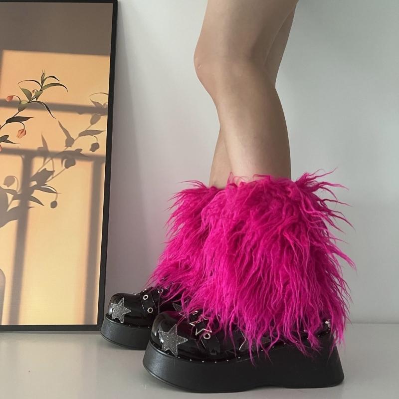 Fuzzy Faux Furs Leg Warmers Furs Heels Long Boots Cuffs Cover Has Elastic One Pair Carnivals Boot Cover Y2K JK Uniform