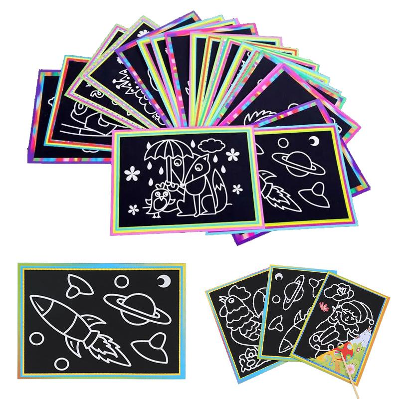 5/10/15/20pcs Scratch Painting Notebook Art Classroom Supplies Office Cultural School Rewards Cartoon Pattern Colorful Paper TMZ