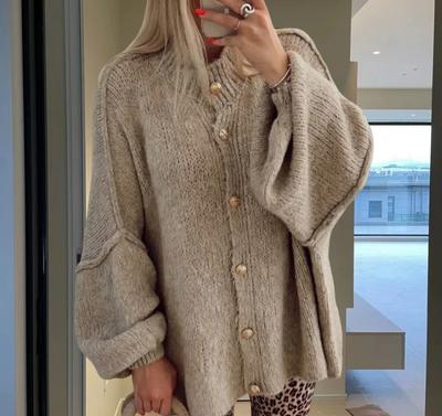 Women's Autumn and Winter Solid Color Casual Cardigan Sweater Spring Irregular Round Neck Bat Sleeve Top