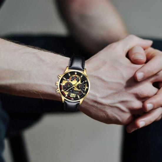 Men Quartz Watch Round Dial Three-eye Calendar Adjustable 6 Pins Faux Leather Strap Mechanical No Delay High Accuracy Daily Wristwatch Timepieceh