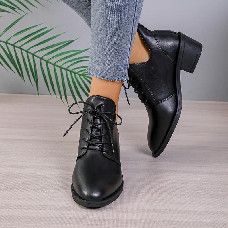 Ladies Shoes  High Quality Cross-tied Women's Boots Fashion Solid Casual Boots Women New Pointed Toe Ankle Boots Heels Women