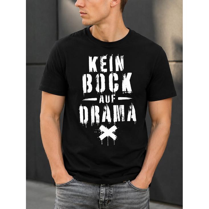 Men s black short-sleeve crew neck t-shirt with bold white distressed graphic print Kein Bock Auf Drama for casual everyday wear S чёрный