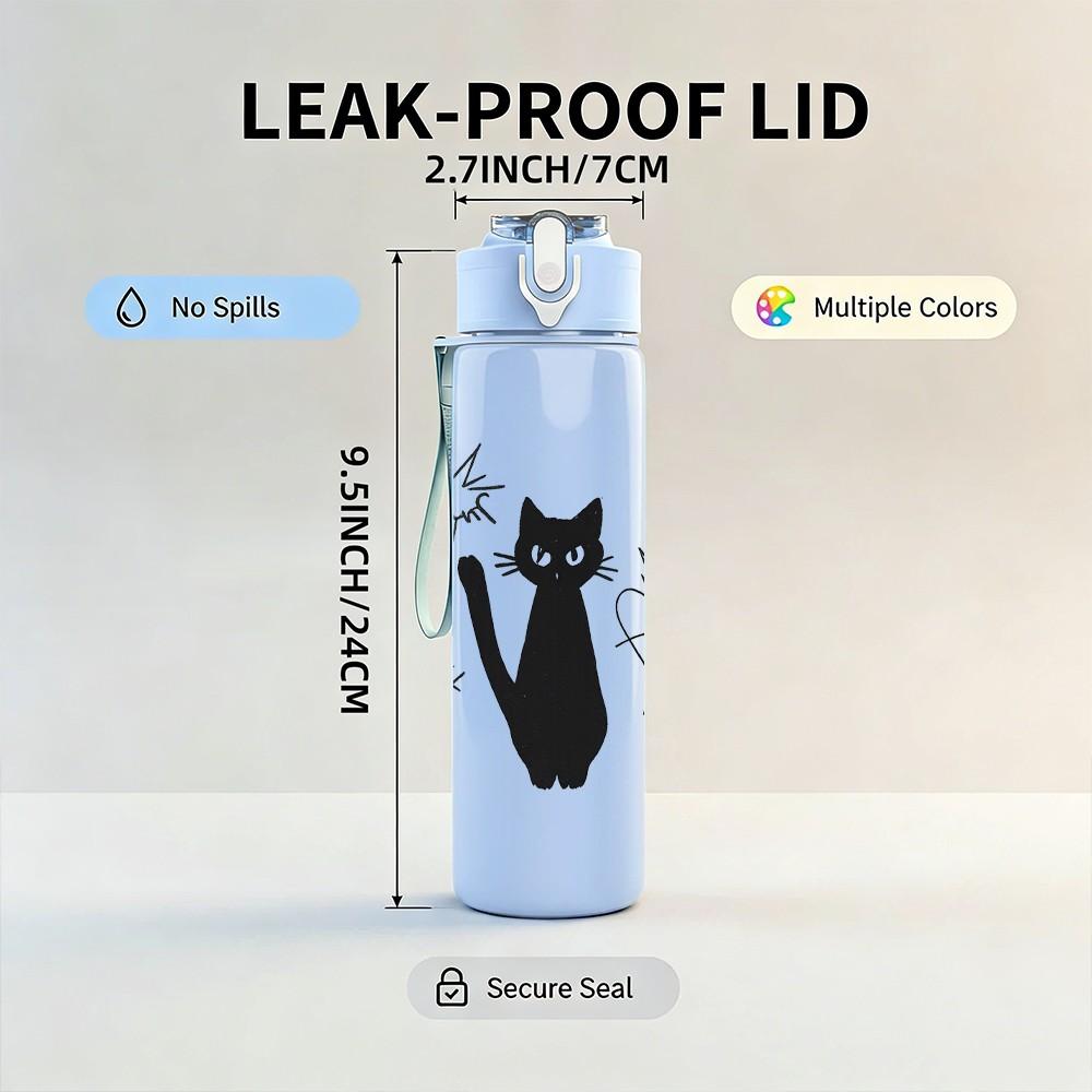 1PC Black Cat Star Doodle Art 750ml Color Plastic Sports Water Bottle Leakproof Flip Straw Lid Suitable for Sports Office Home Use