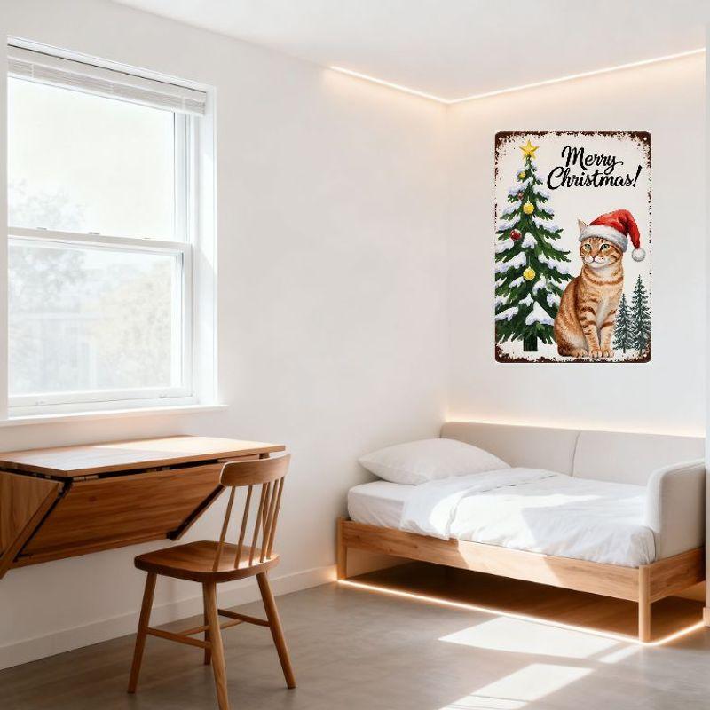 Vintage Christmas Metal Sign Rustic Aged Border with Tree, Cat & Snowy Scene, 'Merry Christmas!' Text Wall Decor for Home Cafe B