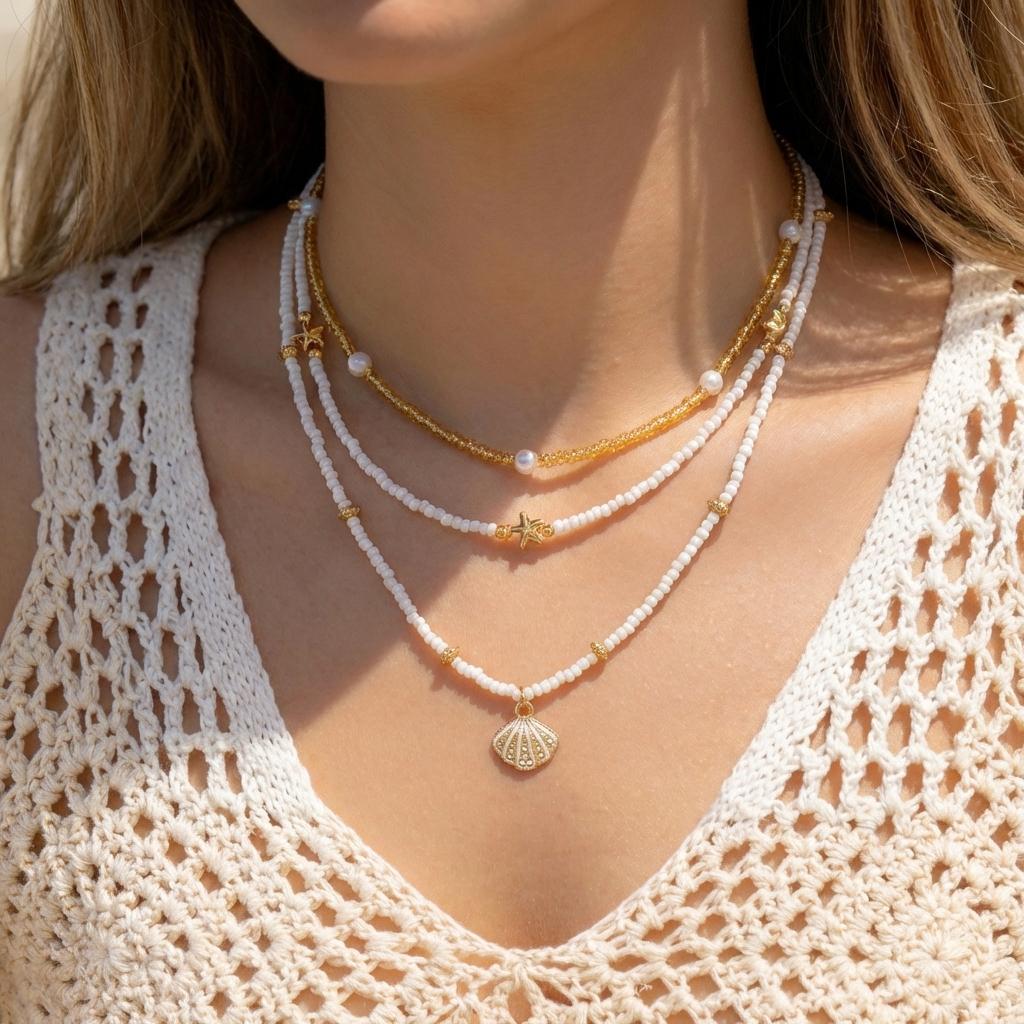 

Gold Color Multilayer Starfish Shell Pendant Necklace For Women Boho Imitation Pearl Beads Choker Summer Beach Vacation Jewelry