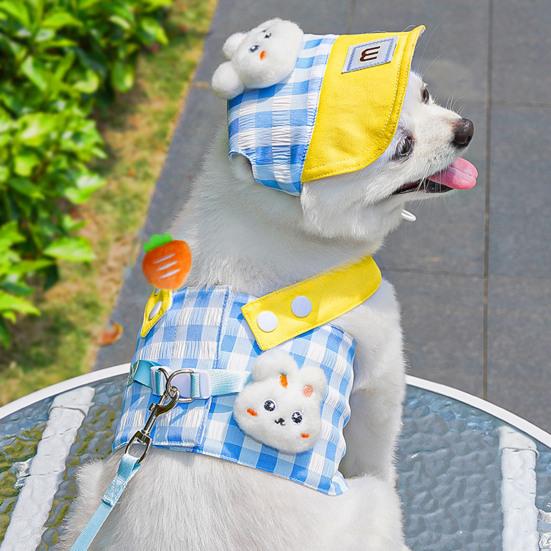 Puppy Summer 3 Piece Outfit Set Adjustable Pet Sun Hat Harness And Leash Set with Cartoon Plush Decor for Cats And Small Medium Dogs