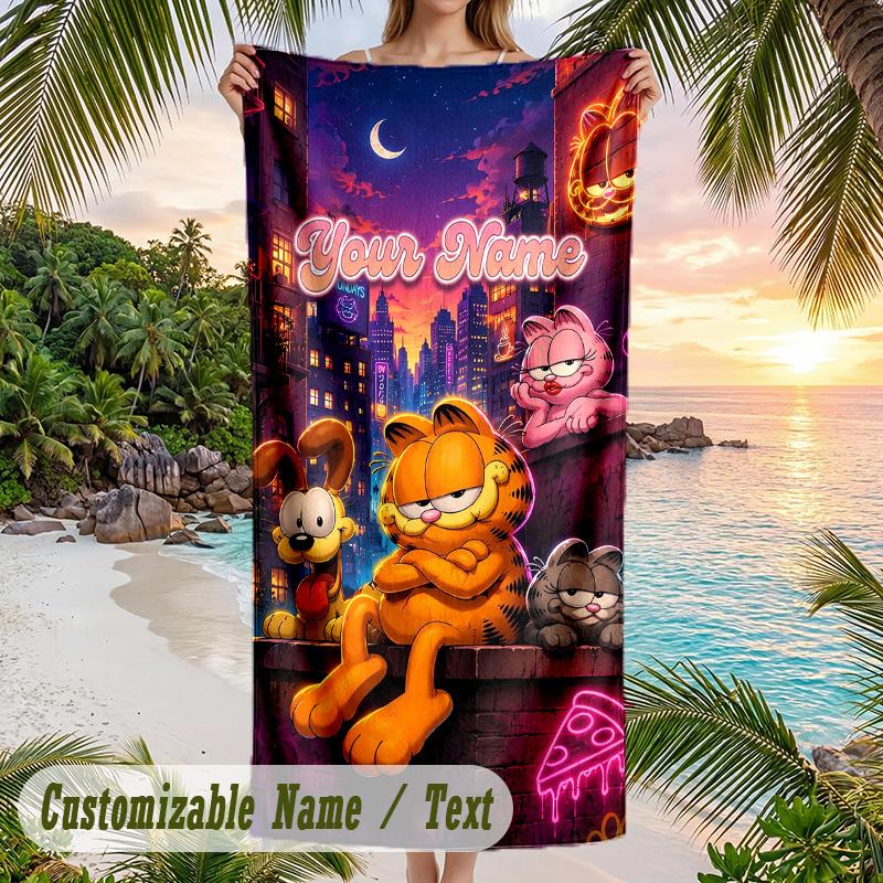 Garfield Beach Towel, Personalized Custom Text, Quick Dry Soft Large Towel For Swimming Pool Travel