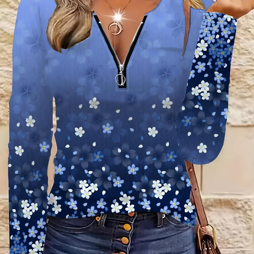 All-over Printed Floral Pattern Zipper T-shirt, Casual Long-sleeved Top, Suitable for Spring and Autumn, Suitable for Home and Outdoor Wear