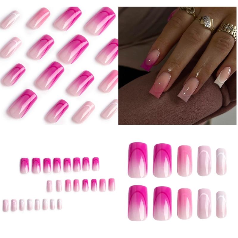 24Pcs Long Press On Nails Coffin French Fake Nails Tip Gradient Acrylic Nails Glossy False Nails for Women Girls
