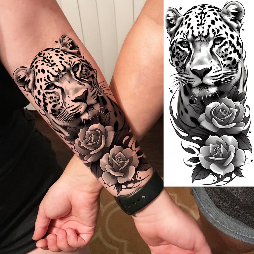 1 Sheet Cool Leopard With Rose Temporary Tattoos For Men Women Adults, Long Lasting Realistic Waterproof Fake Tattoo Sticker