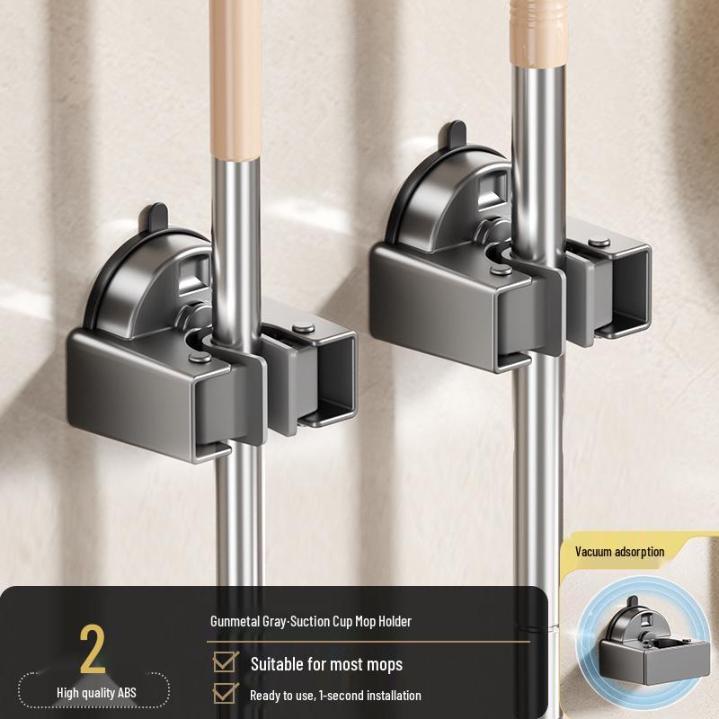 No-Punch Broom & Mop Wall Mount Clip - Suction Cup Hanging Rack for Bathroom/Backdoor Storage