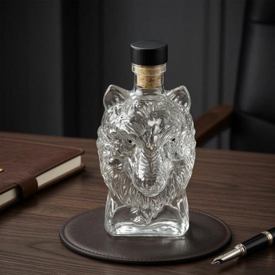 Wolfskopf Whiskey-Karaffe, 3D-Glas-Wolf-Spirituosenflasche mit Stopfen, Handgeblasener Tier-Weinspender für die Hausbar, Geschenkbox