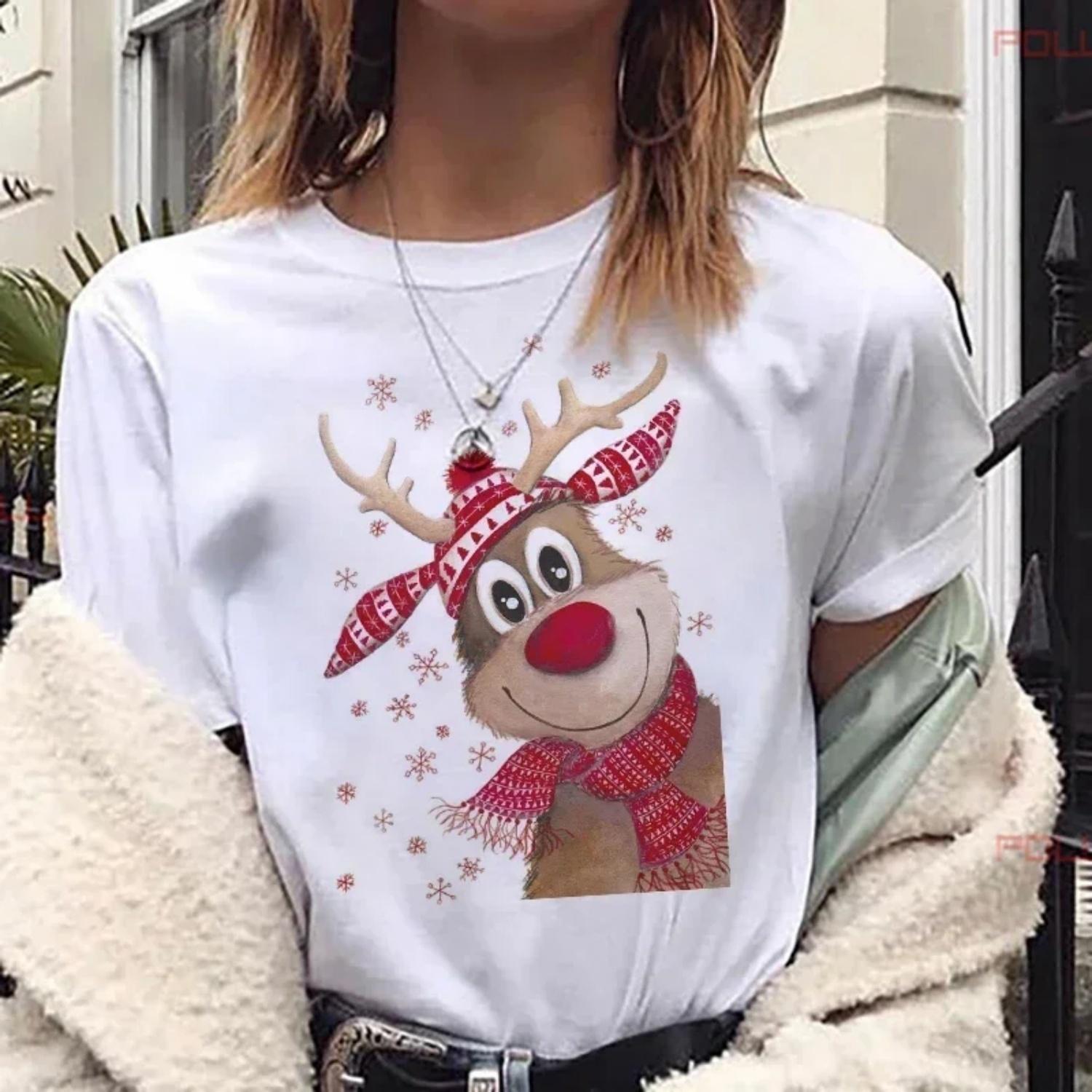 

Fashion 2021 Christmas Women Clothes Cartoon Reindeer Short Sleeve T-shirt White Casual Xmas Tshirts XXXXXL білий