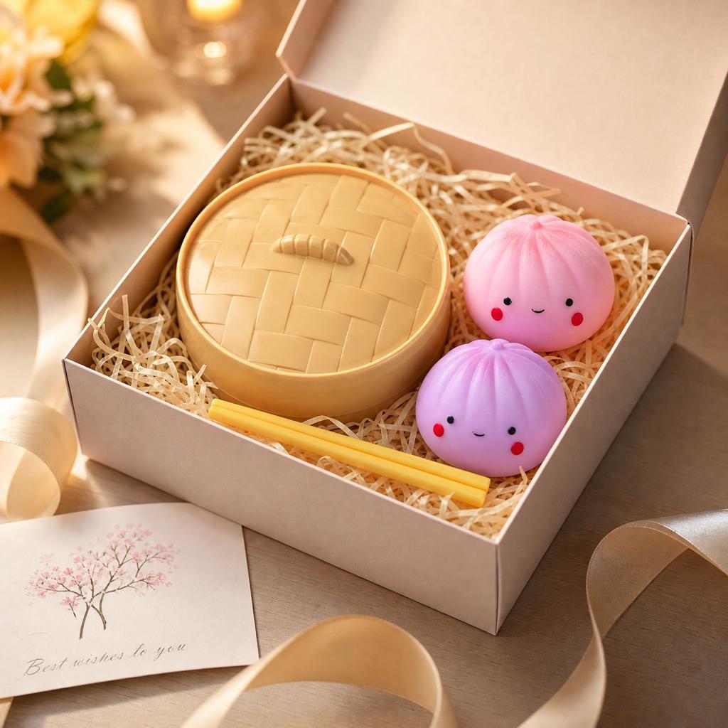 Stress Relief Toy Set Includes Two Soft Squeeze Dumpling Toys with Bamboo Steamer Container and Chopsticks for Sensory Play and Anxiety Reduction