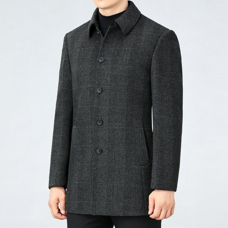 Woolen coat men's mid-length woolen coat men's lapel plaid thickened down liner double-sided cashmere coat