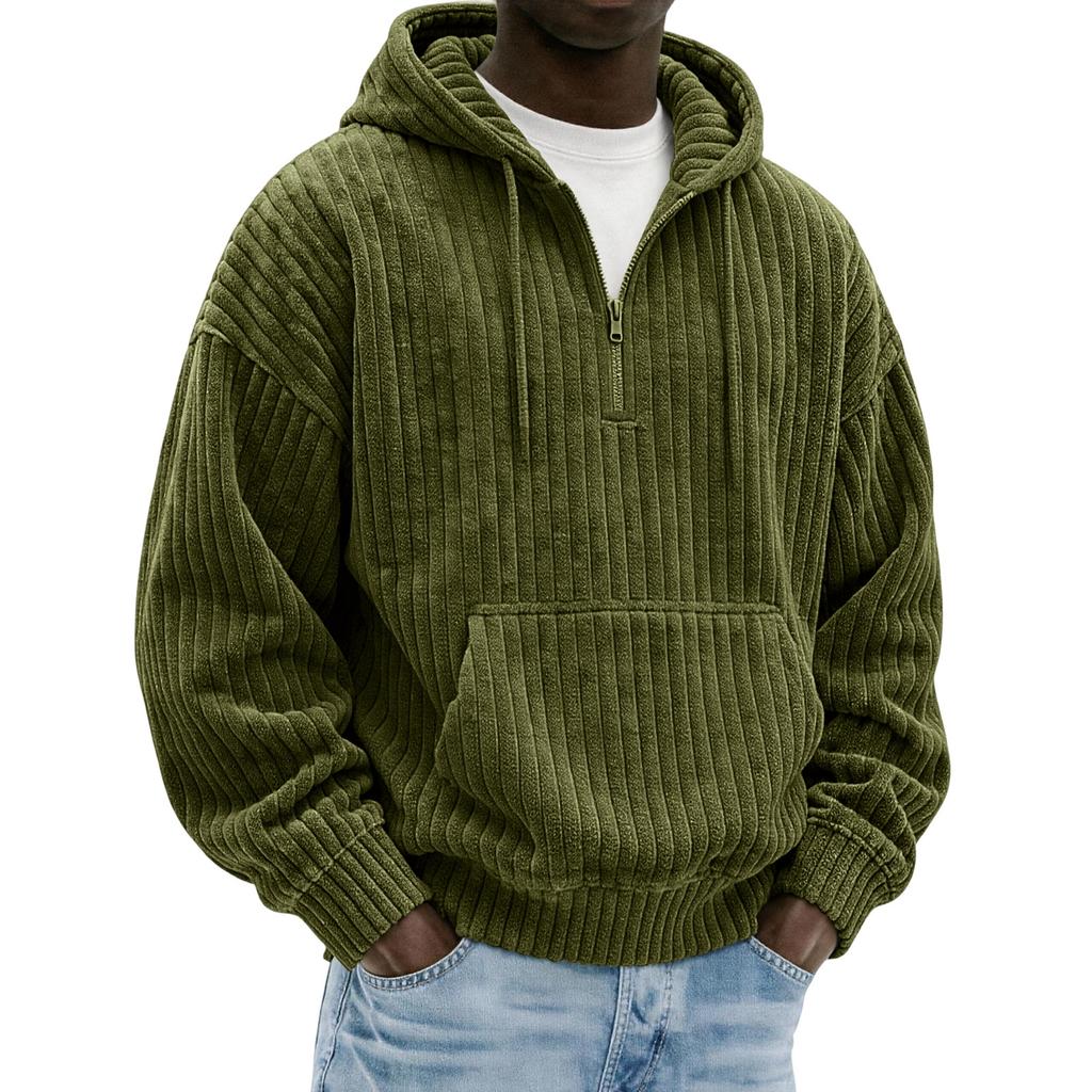 Men's Vintage Corduroy Half Zip Hoodie with Large Pockets