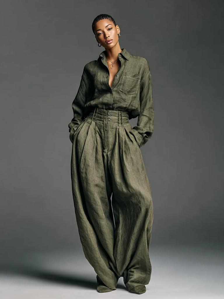 Women's Olive Green Long Sleeve Wide Leg 2 Pcs Set