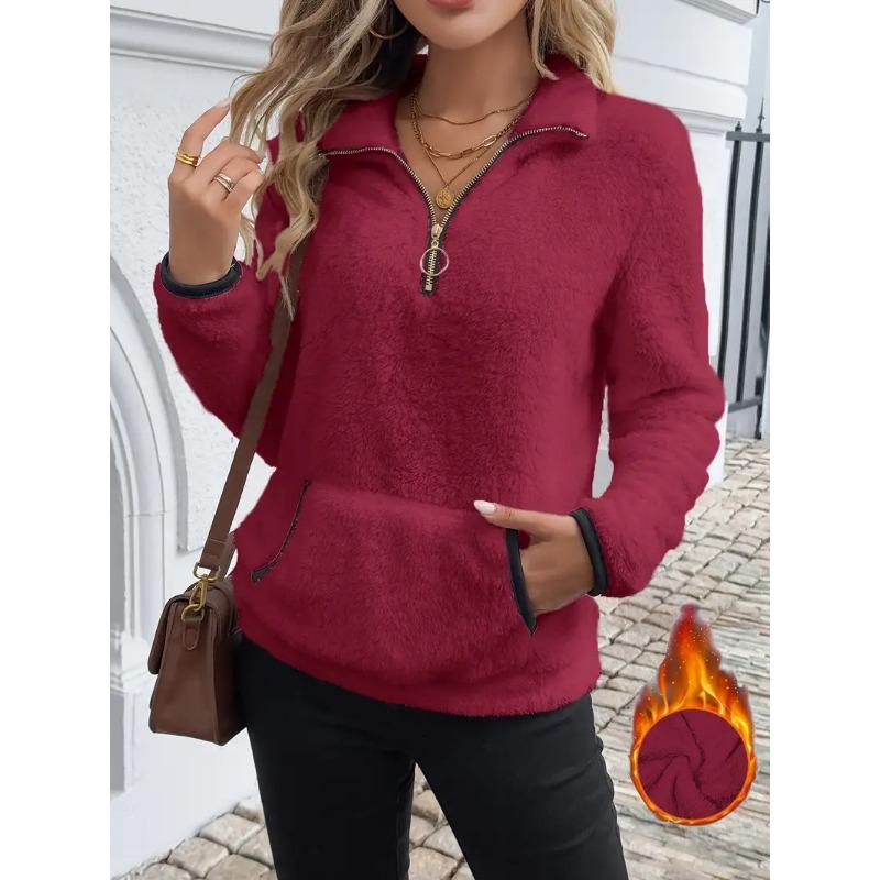 Женское плюшевое худи с полумолнией повседневный пуловер с длинными рукавами и передней молнией уютная толстовка для зимы домашняя одежда однотонной расцветки 2XL винный 2340₽