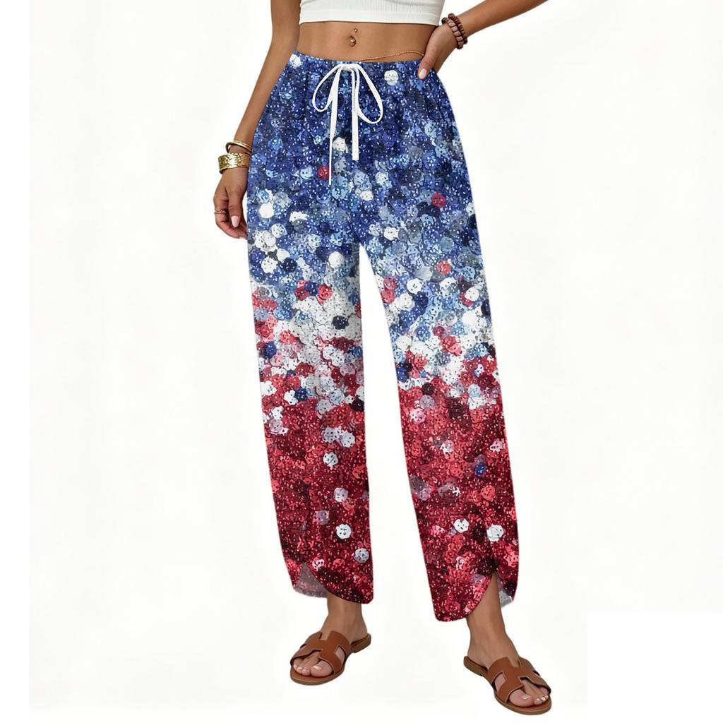 Pantalon imprimé large à cordon de serrage pour femme - Pantalon décontracté coupe droite ample pour un usage quotidien