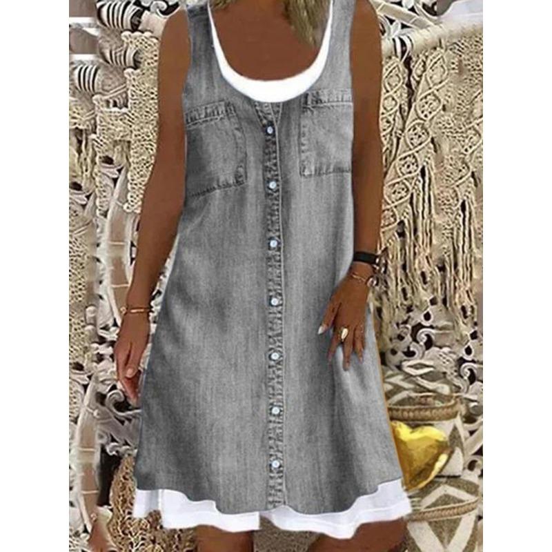 Fashionable Fake Two Denim Printed Casual Dresses