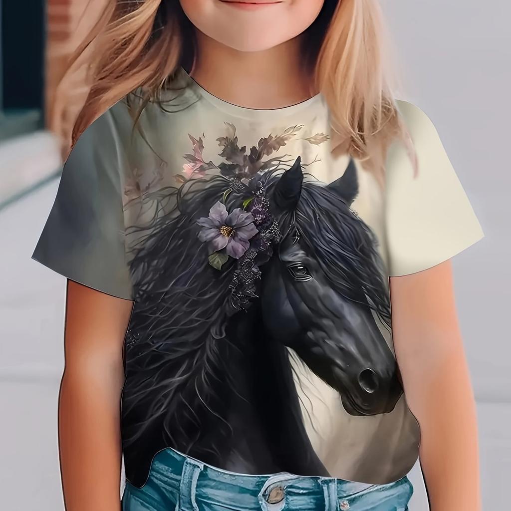 Children's Clothing Girl T-Shirt Short Sleeve Stylish 3D Horse Printed Kids Summer Clothes Casual Round Neck Girl Clothes Tops