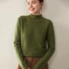 Women's Solid Color Cashmere Sweater: Floral Yarn, Half-High Neck, Rolled Hem Knit Base Layer Top.