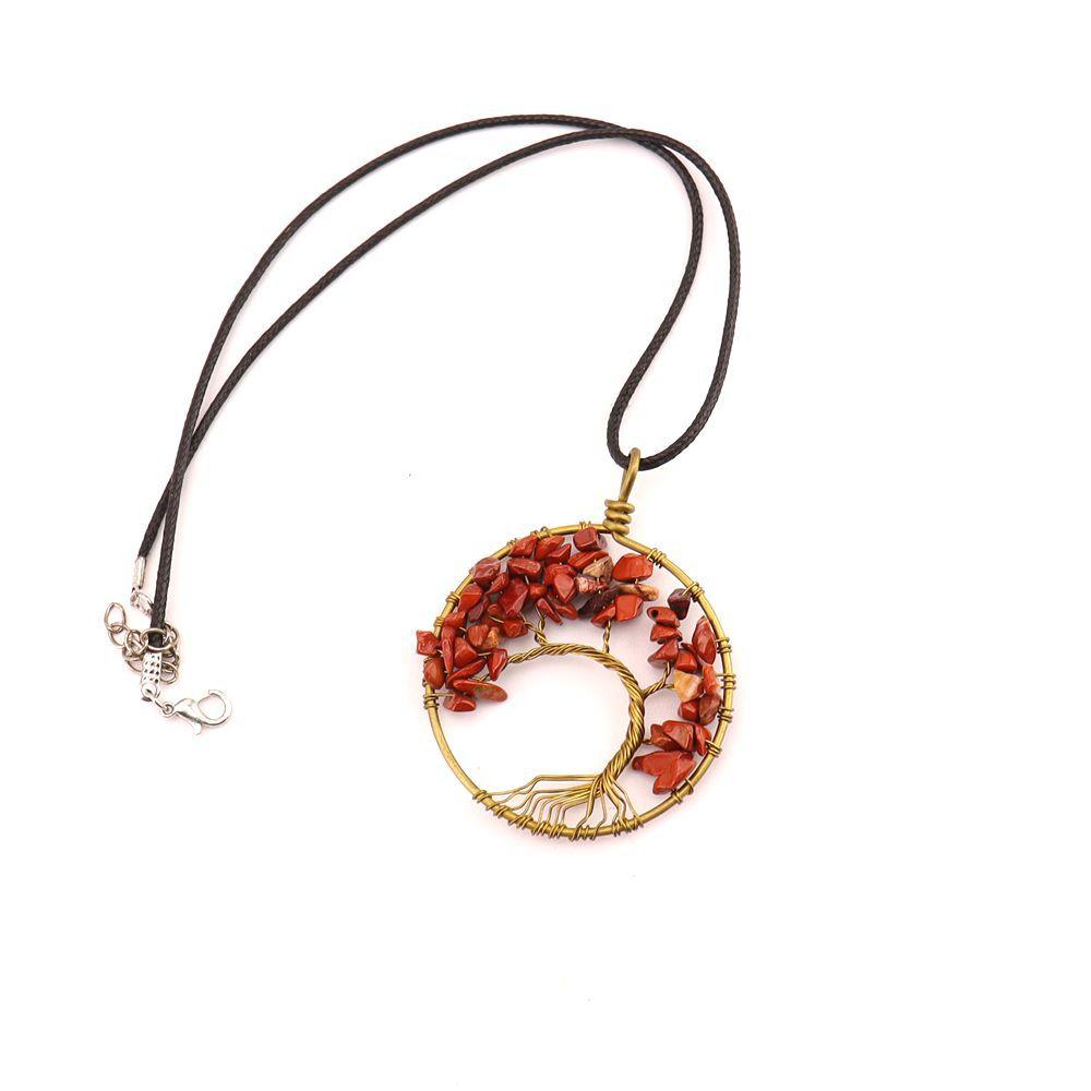 Hand-Wound Natural Gravel Crystal Pure Copper Curved Tree Of Life Pendant Necklace N43