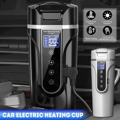 Copo Aquecedor de Carro em Aço Inoxidável 12V/24V Copo Elétrico para Água Display LCD Temperatura Chaleira Café Chá Leite Aquecido 450ml