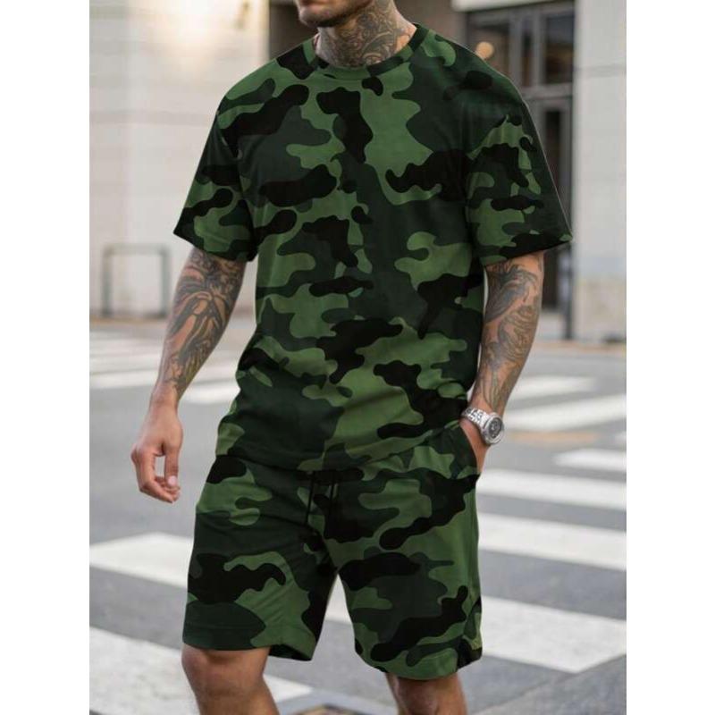 

Summer New Men s Casual Fashion Versatile Simple Pattern Printed Short Sleeved Shorts Two-piece Set Sport Wear 6XL