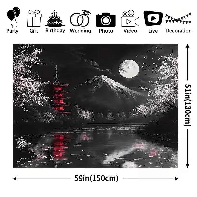 2D Black White Japanese Fuji Tapestry for Asian Aesthetic Home & Party Background