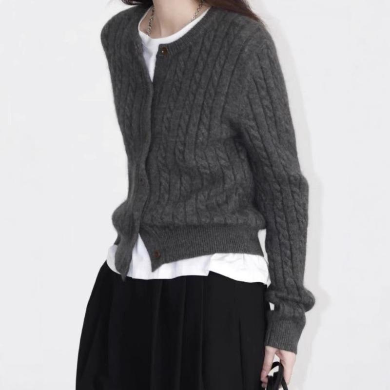 New twist woven single-breasted round neck simple temperament long-sleeved knitted cardigan women's knitted jacket