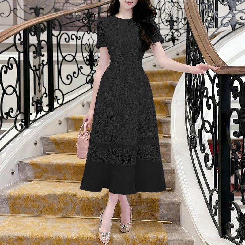 ZANZEA Women Casual Round Neck Short Sleeve Elegant Lace Long Dress
