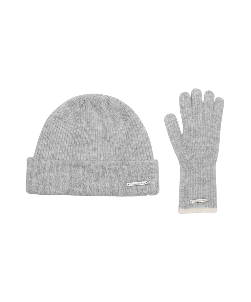 AMES-WORLDWIDE Hairy Stripe Gloves & Beanie Set Gray