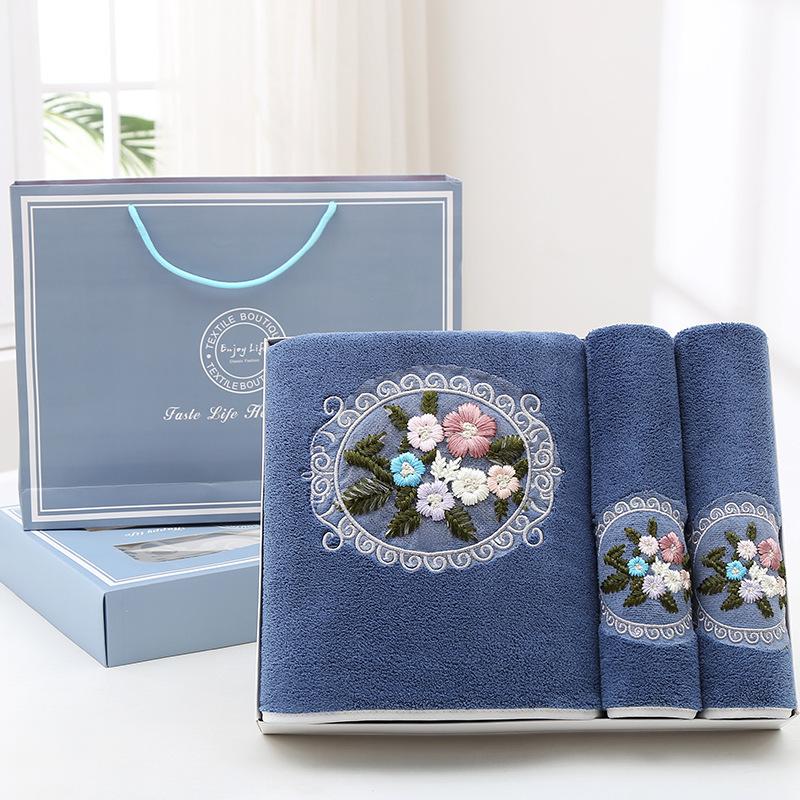 Wholesale Fashionable Two-piece Set of Fiber Absorbent Embroidered Towel Gift Box with Flower Towel Gift Box Bath Towel3pcs