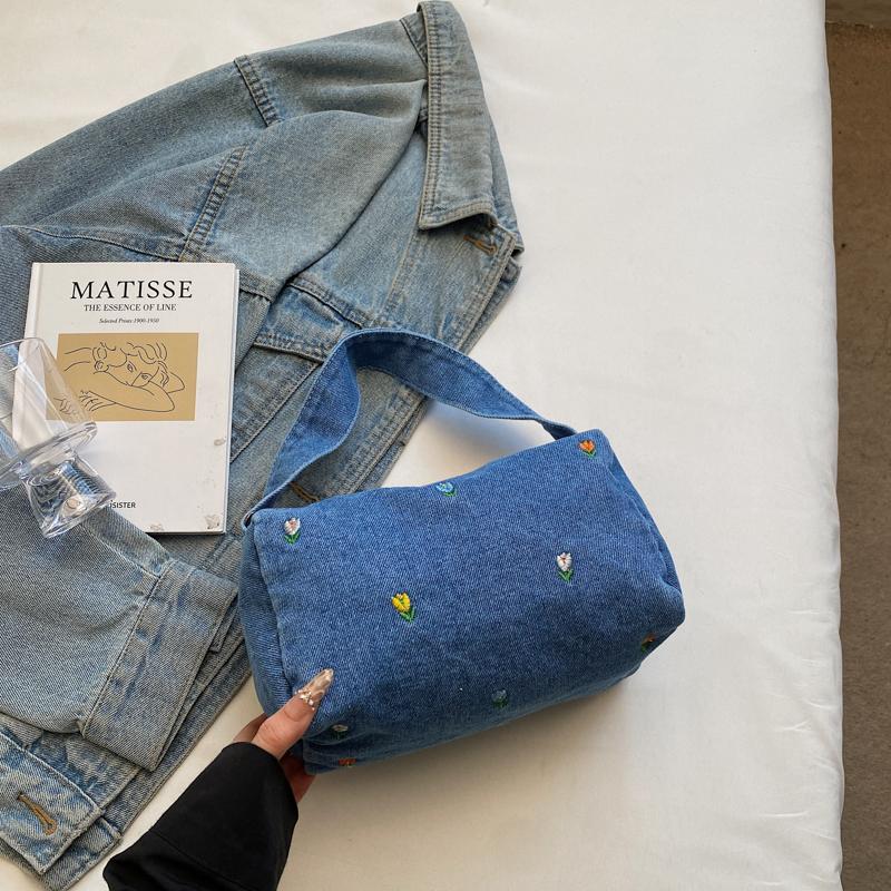 Denim Small Square Bag Flower Embroidery Lightweight Women's Shoulder Bag