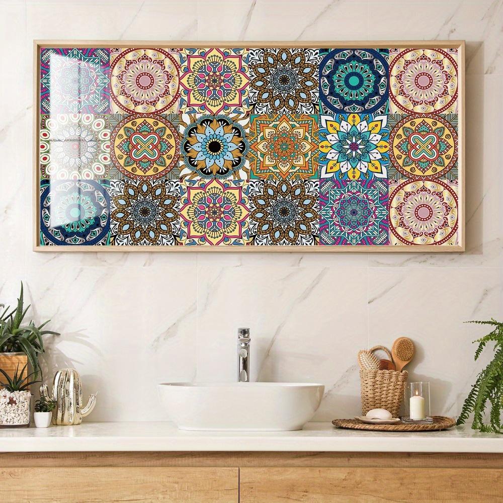 10pcs Self-adhesive Tile Sticker Mandala Dark Color Style Flower Brick Peel and Stick Splash Guard Wall Sticker Waterproof Tiles Stickers for Bathroom