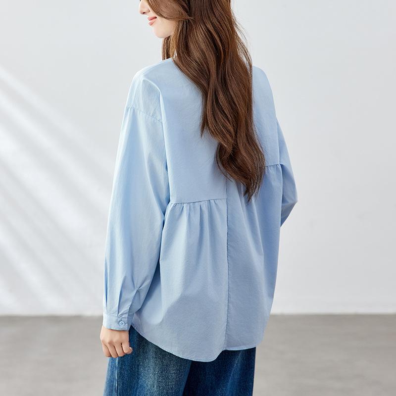Blue Top for Womens Long-sleeved Spring and Autumn Updated Top Design Niche Womens Pure Cotton Top
