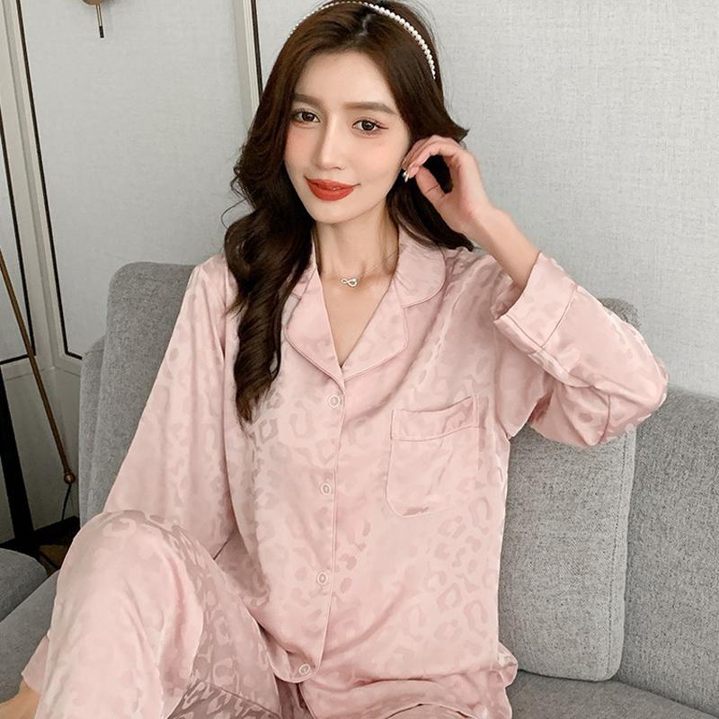 Women's New Spring and Fall Pajamas Homewear Suit Female Thin Temperament Korean Version of the Black Leopard Print Homewear