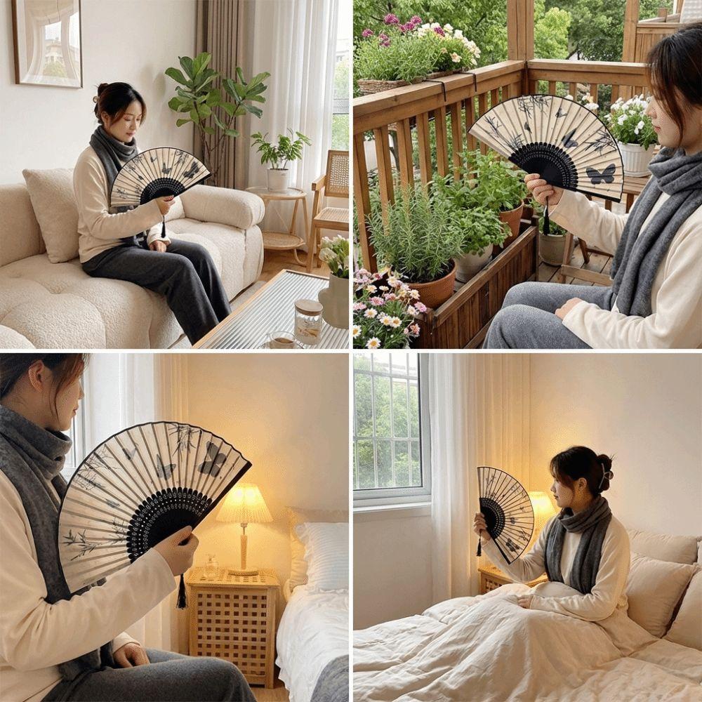 Vintage Silk Folding Fan Wooden Handle Bamboo Fan Summer Cooling Hand Fold Fan  Party Favors