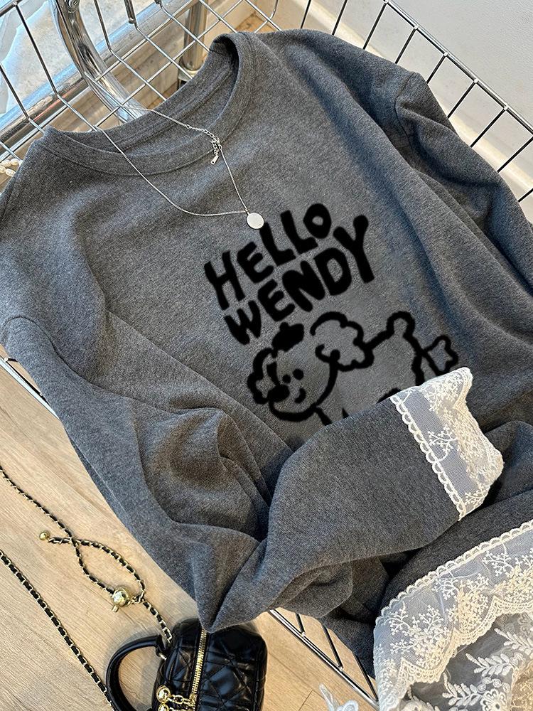 Stilvolles Cartoon-Welpen-Langarm-T-Shirt mit Spitzenbesatz in Übergröße für Damen – Herbst/Winter
