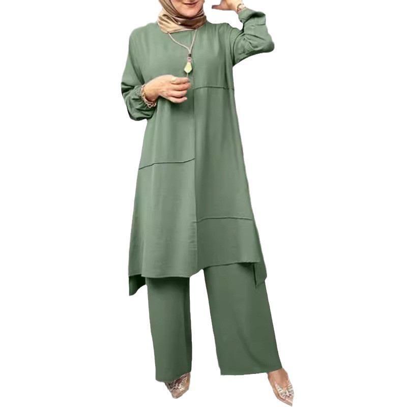 2026 Elegant Puff Sleeve Shirt & Wide Leg Pants Set for Muslim Women