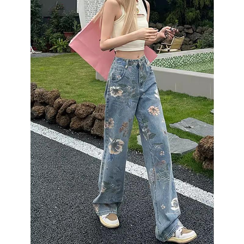 Flower Wide-leg Jeans Women's Spring and Autumn Large Size High Waist Design Sense Niche Printing Straight Mopping Pants