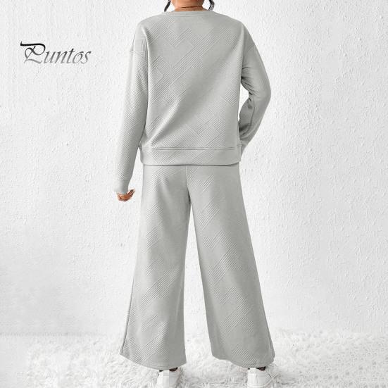 2 Pcs/Set Women Top Pants Suit Round Neck Long Sleeves Textured Solid Color Sweatshirt Elastic Waist Wide Leg Trousers Daily Wear Sport Outfit Fall