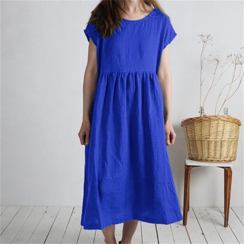 Women's Mid-Length Cotton Linen Dress - Round Neck, Short Sleeve, Solid Color, Pleated, Loose-Fit Casual Design