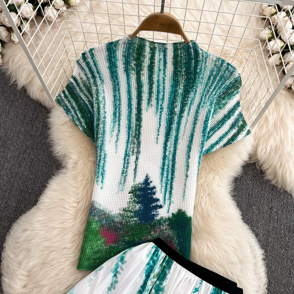 Women's Fashion Suit Gradient Color Slim Short Top Two Piece High Waist Pleated Skirt