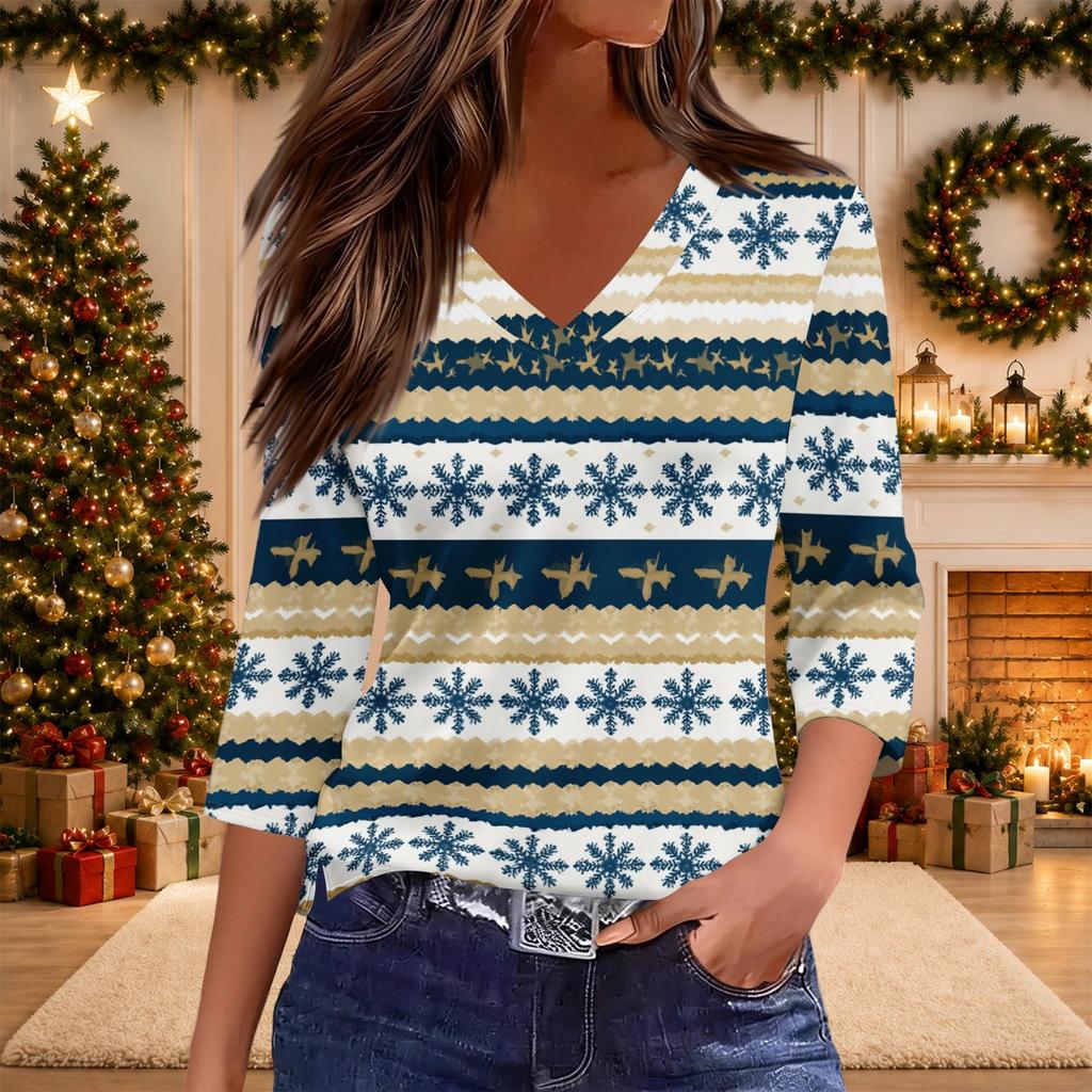 Women's Christmas Print V-Neck Three-Quarter Sleeve Casual Loose Fit Shirt